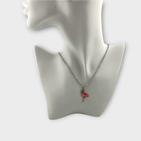 Pink Flamingo Enamel Necklace Diamond Cut Stainless Steel Chain - Picture 4 of 11